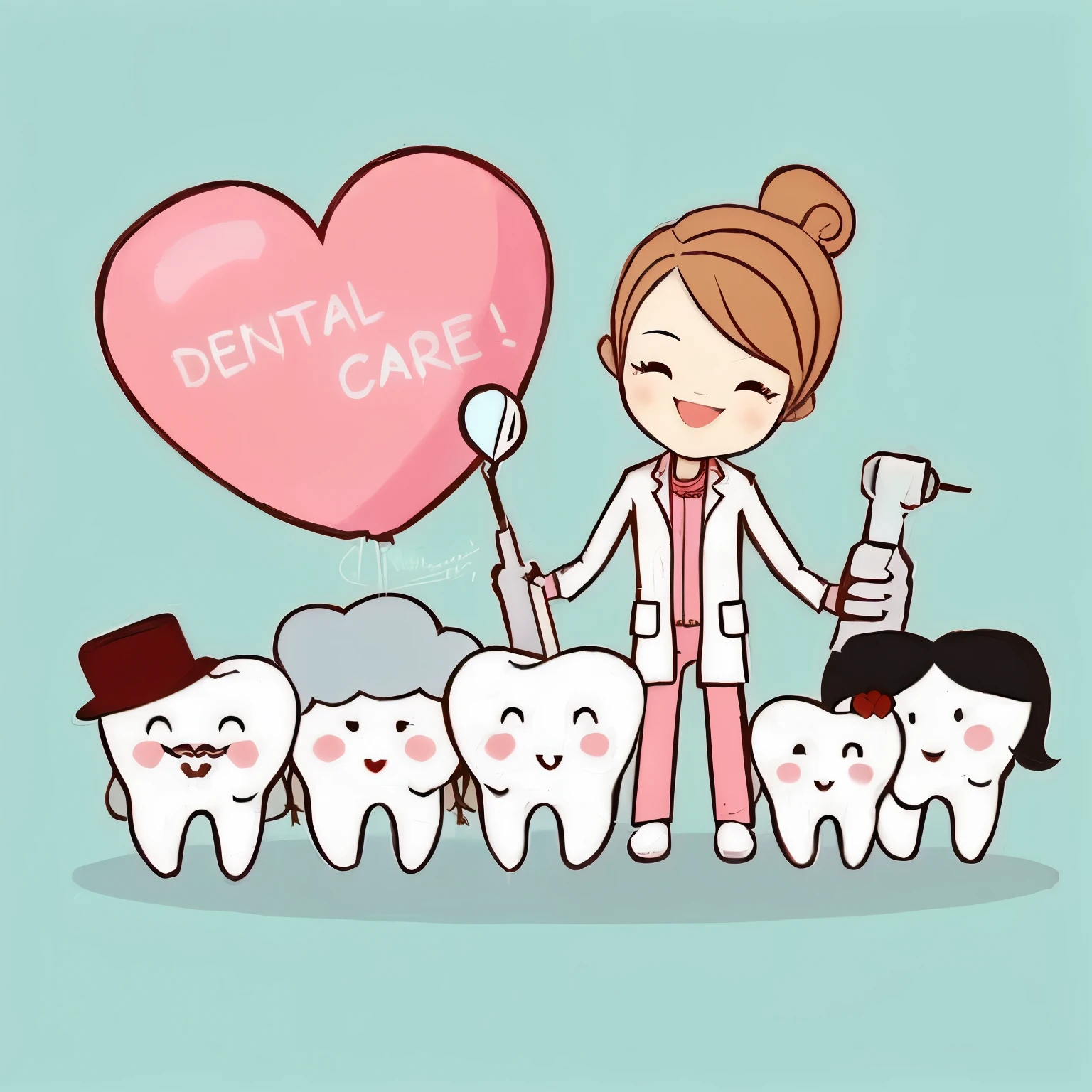 uma dentista mulher, blonde and wavy hair holding a heart-shaped balloon with teeth and dental care, dentista, Dentes fofos, Cavidades, sorriso acolhedor, por Elena Guru, Tendencies, ๐๐๐โบ๐๐๐, inspirado em Tooth Wu, por Mario Dubsky, ๐๐คก, dentil, ilustrativo!!, ๐คฌ ๐คฎ ๐ ๐