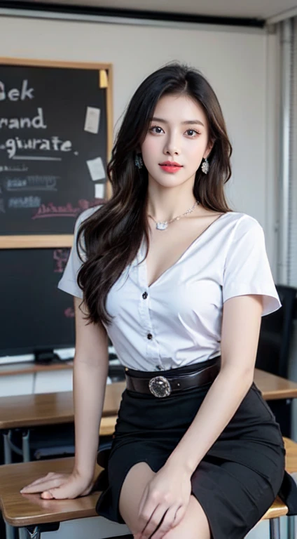 (8k best quality, masterpiece, lifelike images.) , Beautiful, charming, modern girl, Looking at the audience, ((in the modern classroom background)), (1 age girl, 22 years old),(Black skirt, low waist, mini skirt), (White tight-fitting shirt with short sleeves, top 2 buttons unbuttoned.), (Revealing sexy breasts), Brown belt 3.2 cm.,square head belt, ((Put your hands down.)),golden blonde hair, Medium hair, Bird's eye view of a beautiful woman, Lifelike skin, look up, round chin, Art lens 85mm., F 1.2, Sharp focus, High resolution 8K, complicated, luxurious, big breasts, big tits,Model's measurements are 35-23-35, flat stomach, dynamic pose.