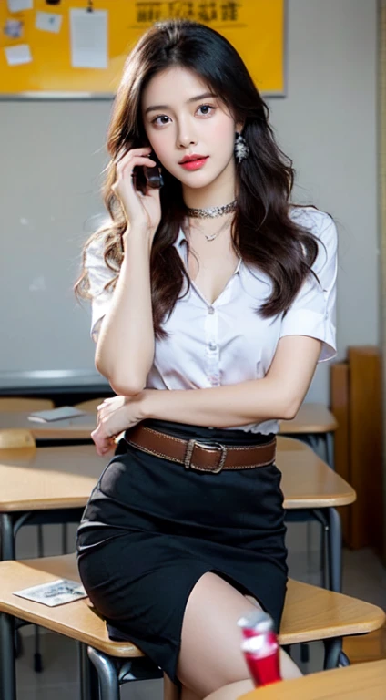 (8k,high resolution,Masterpiece, best quality, alone, complicated details, Chromatic aberration), realistic, ((Moderate breath)), hair in one eye,purple eyes, big round hoop earrings, sharp eyes, Leather choker decorated with diamonds, 3 layer diamond necklace,(symmetrical eyes),(Perfect symmetrical body),Photo of a beautiful 21 year old teenage girl....,(fit the body), ,Beautiful and charming with contemporary fashion paintings as well........, looking at the audience, ((Behind the scenes of a large classroom)), (black short skirt), ((The young woman wore a form-fitting white short-sleeved shirt....., Unbuttoning 3 buttons, Reveal the breasts.,Big tits)), ((A short black pencil skirt with a deep slit on the side......)), belt, ((Put your hands down.)),blonde hair, Bob, long hair, Side flatness,,blonde hairทองแดง, sit, sharp eyeliner, Eye shadow blush with thick eyelashes, Very delicate and beautiful, round chin, Sharp focus, elegant,talking on the phone,sitบนโต๊ะเรียน ยกขาข้างหนึ่งขึ้นให้อยู่ในระดับสายตา, The legs are slightly spread apart......,dynamic gesture,(big breasts)
