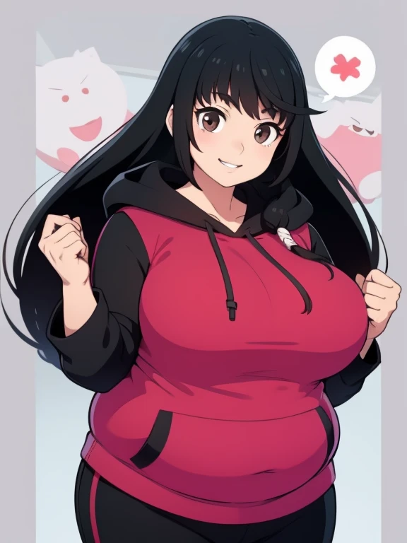 Plump black hair brown eyes  year 21 big breasts chubby longer hair happy smile black hoodie