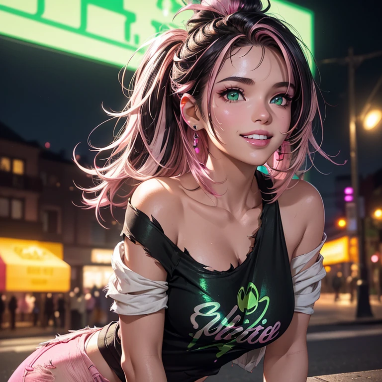 (best quality,4k,highres,ultra-detailed,realistic:1.2), a young girl with enormous breasts,messy hair with a pigtail , flat abs, fitted white tank top, earrings , necklace out in the street at night, neon lights and advertising, close-up portrait
