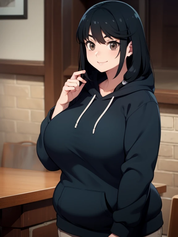 Plump black hair brown eyes  year 21 big breasts chubby longer hair happy smile black hoodie