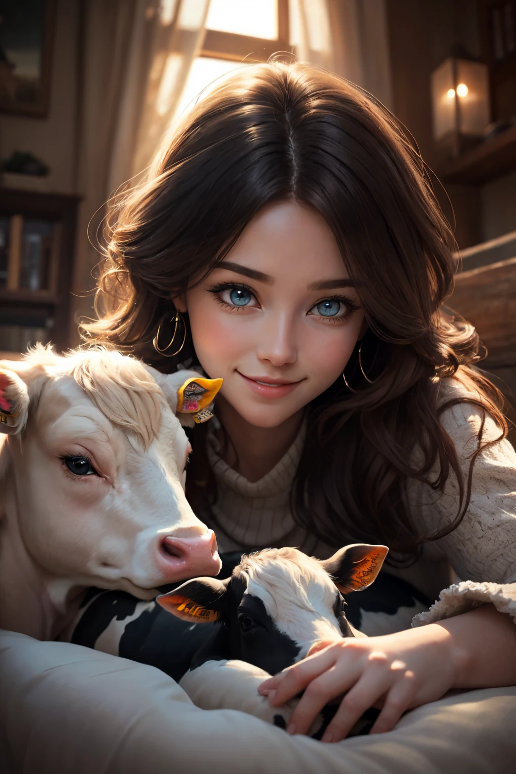 This is a cozy and happy image of a woman curled up next to an adorable calf. The woman is with interesting and beautiful eyes and puffy lips. Her eyes are (colorful) and have interesting color combinations. The calf is sleepy and cute, with detailed eyes and cow markings. Include many cozy and peaceful details. Include warm, peaceful, pretty, elegant, baby cow, lovely woman, smile lines, god rays, rays of light, shimmer, ((masterpiece)), best quality, ultra detailed. Perspective places the woman and the calf in the center of the image. Utilize dynamic composition and cinematic lighting techniques.