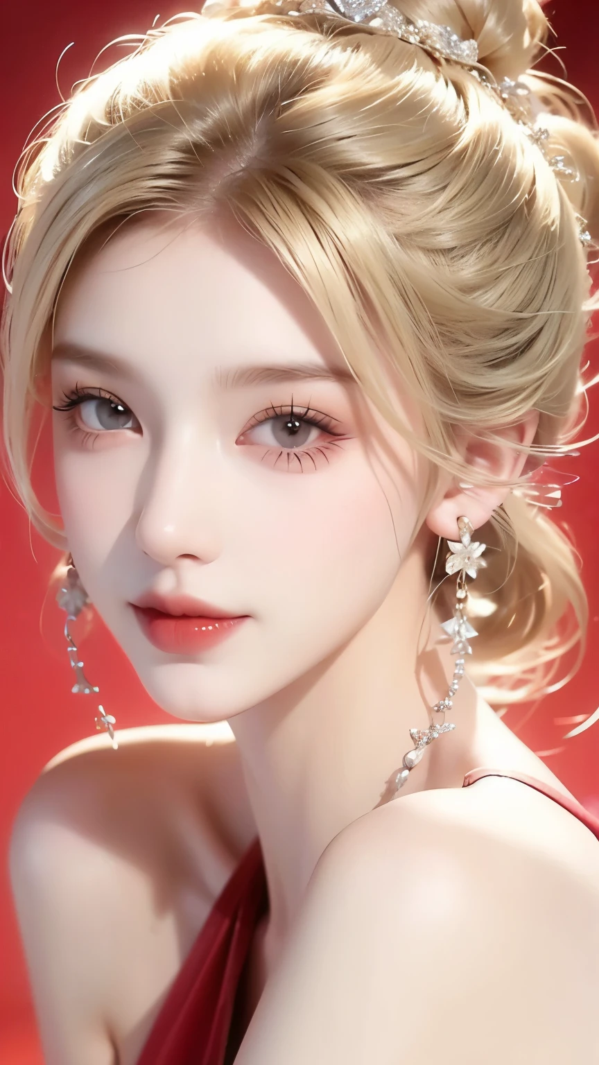 1 girl,Beautiful fashion model work, detailed background, highest quality), shiny hair,blonde hair,grin,juicy lips,red lips, blonde double bun hair 