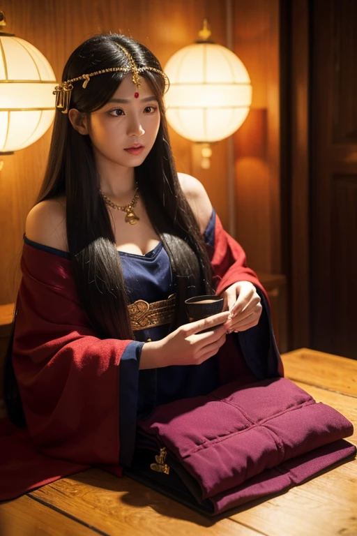 A long-haired female fortune teller with a background