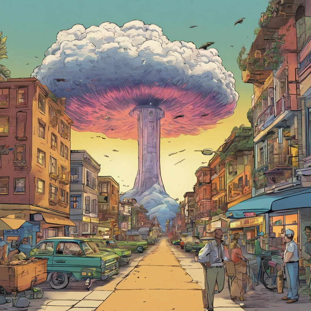 Uma cidade comum sendo explodida por uma bomba nuclear, art fallout