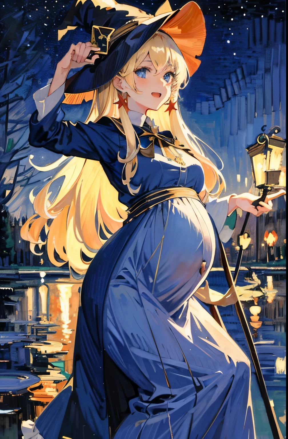 ((Masterpiece:1.2, Best quality)), 1girll, Solo, (Witch hat), Blonde hair, Long hair, dress, aurora, Night, Star (sky), mitts, sky, White dress, Night sky, Open mouth, Starry sky, Blue eyes, ribbon, Very long hair, Red dress, Smile, Hair ribbon, Cape, Blue hair, (Bird), magic, casting spell, Dark clouds, Night, (Impressionism:1.4), (tarot:1.3), Alphonse Mucha,Pregnant belly, maternity attire for pregnant women,maternity dress,pregnant belly,Pregnant belly