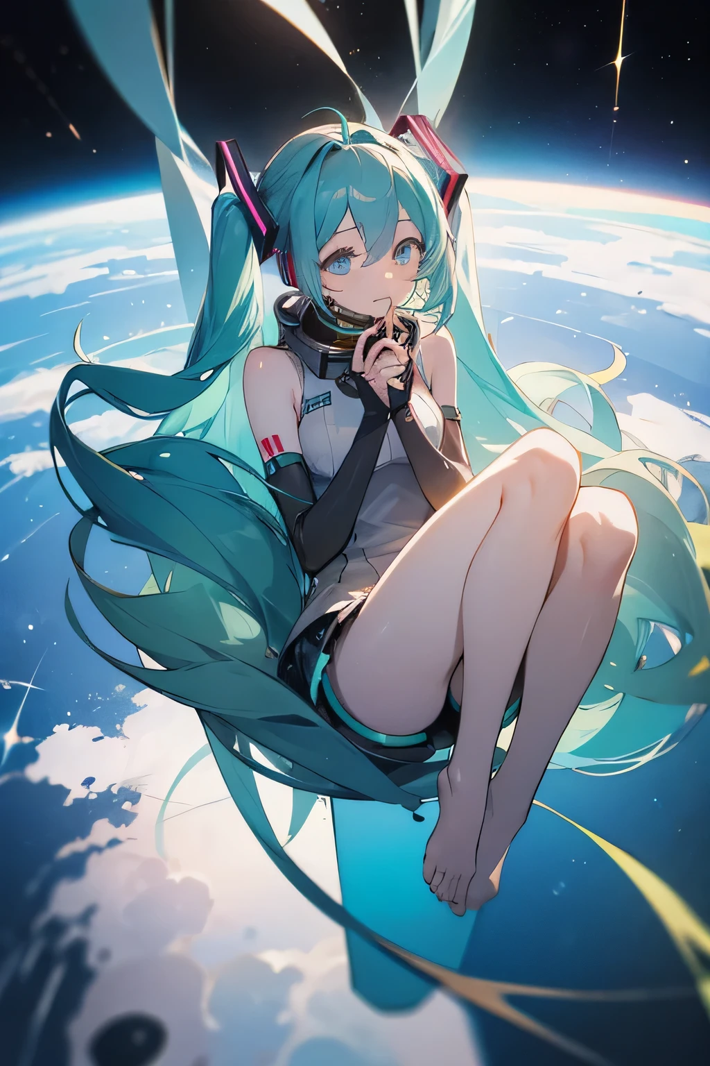 hatsune miku, sitting in a ring in space