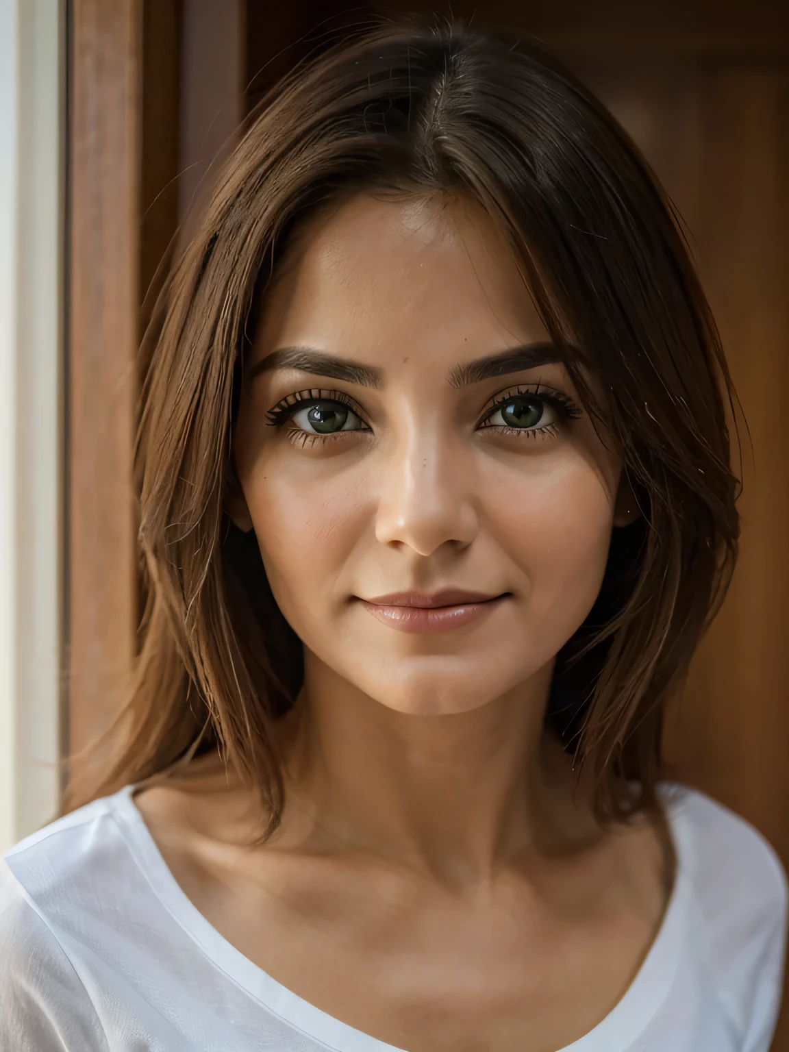 fotografia de uma mulher de 28 anos, ultra realista), (front position), (olhos verdes claros), cabelos castanhos claros, sardas pelo corpo, camisa social preto, clinical psychologist