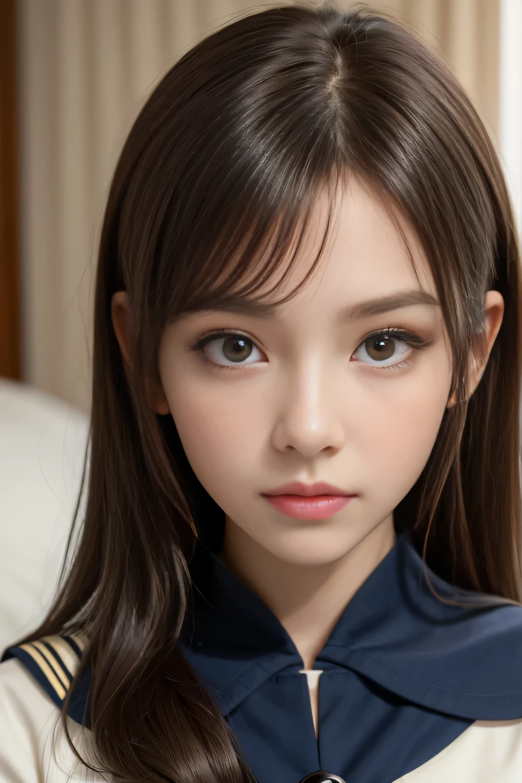 one girl, (A beauty girl, Delicate girl:1.3), (, Gal:1.3), break, (Sailor suit:1.3), break, (Open Button:1.3), break, Very fine grain definition, (Symmetrical eyes:1.3), break, (bedroom:1.2), break, Large Breasts, Brown eyes, Parted bangs, Brown Hair, ponytail, break, (Eyes and facial details:1.0), break, (masterpiece, highest quality, Super detailed, Detailed face, 8k)