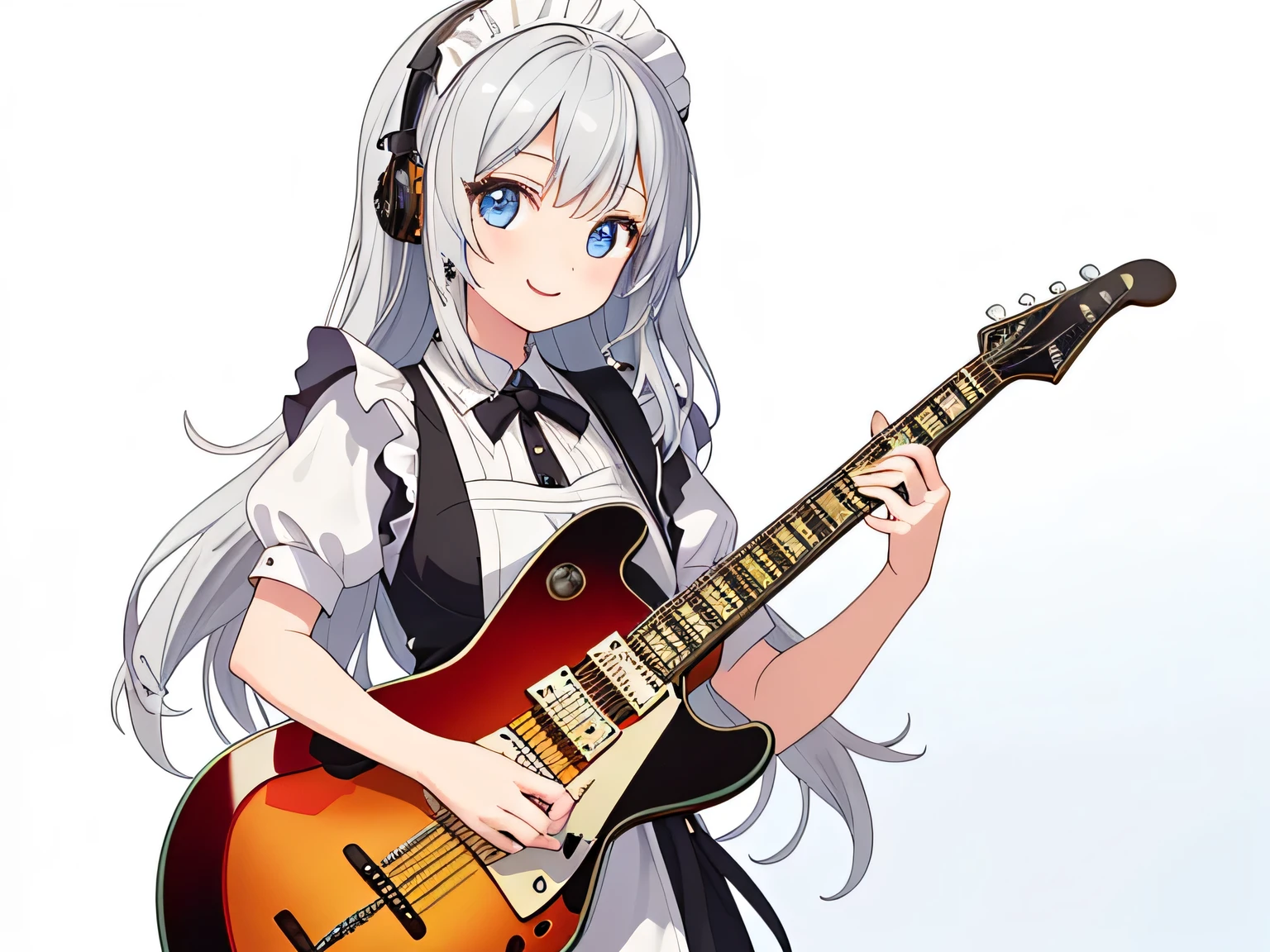 ((highest quality)),(Ultra-high resolution),(Very detailed),(Detailed Description),((The best CG)),(masterpiece),,(One Girl)、 My Dress Up Darling Anime,Dark silver gradient hair、Long Hair、Light blue eyes、Narrow eyes、Happy smile、,(Steampunk Maid),(Art with exquisite detail:1.5), (Female guitarist playing guitar:1.6),Simple Background、(((White Background)))