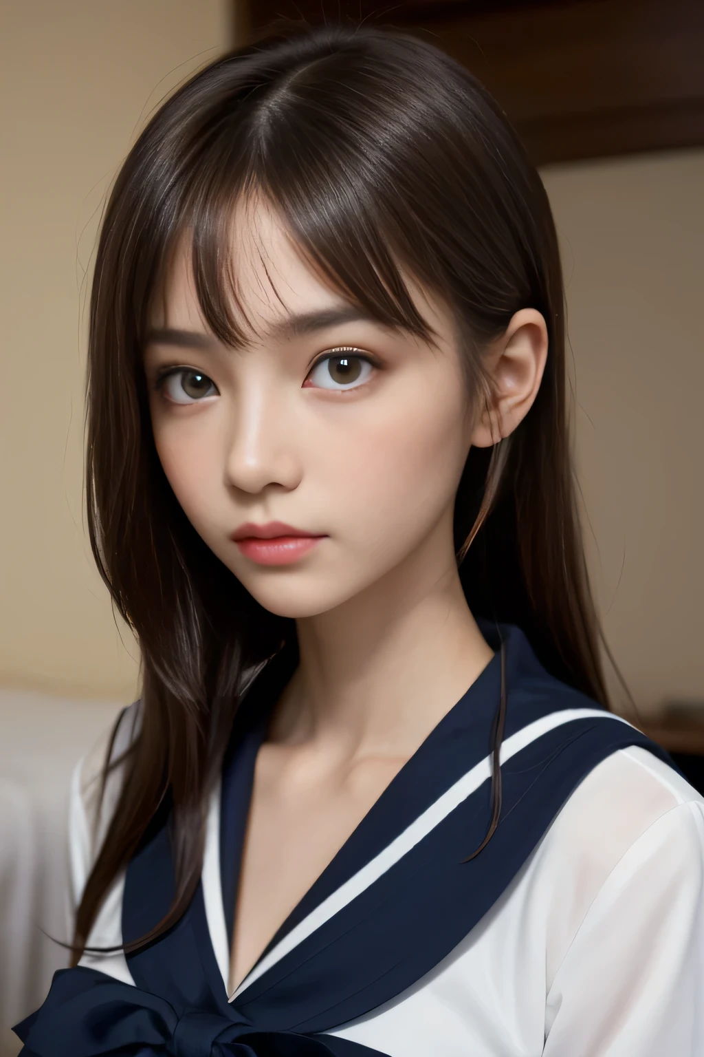one girl, (A beauty girl, Delicate girl:1.3), (14 years old, Gal:1.3), break, (Sailor suit:1.3), break, (Open Button:1.3), break, Very fine grain definition, (Symmetrical eyes:1.3), break, (bedroom:1.2), break, Large Breasts, Brown eyes, Parted bangs, Brown Hair, ponytail, break, (Eyes and facial details:1.0), break, (masterpiece, highest quality, Super detailed, Detailed face, 8k)