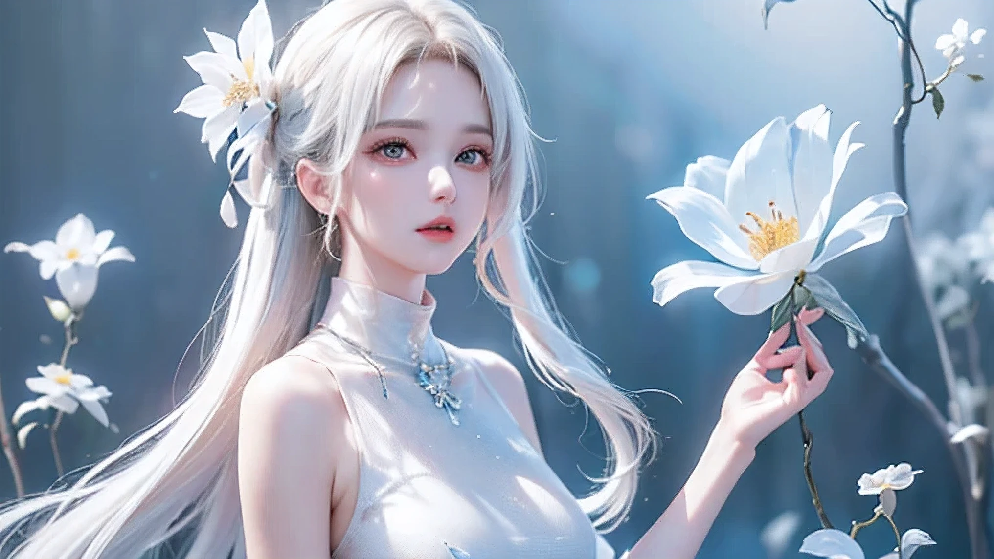 ((Upper body painting))((masterpiece:1.5、8k、Portraiture、Photorealistic and very detailed CG、Very detailed、Particle Effects、Dynamic Effects、Written boundary depth、Cinematic Light、Lens flare、Ray Tracing、Tabletop、Realistic:1.4、超A high resolution:1.2、Realistic、Realistic))((alone、,Woman in turtleneck dress:1.4、Model-like pose:、sideboob、Ample breasts、Detailed face、Bright expression、young, Brighter, Whiter skin、Best Looks、Ultimate beauty、White hair with shiny highlights:1.8、bright and shiny hair,、Super long, Silky straight hair、Hair swaying in the wind))(Fantastic transparent flower々Surrounded by、White Background、Great background、Thin petals fluttering down)
