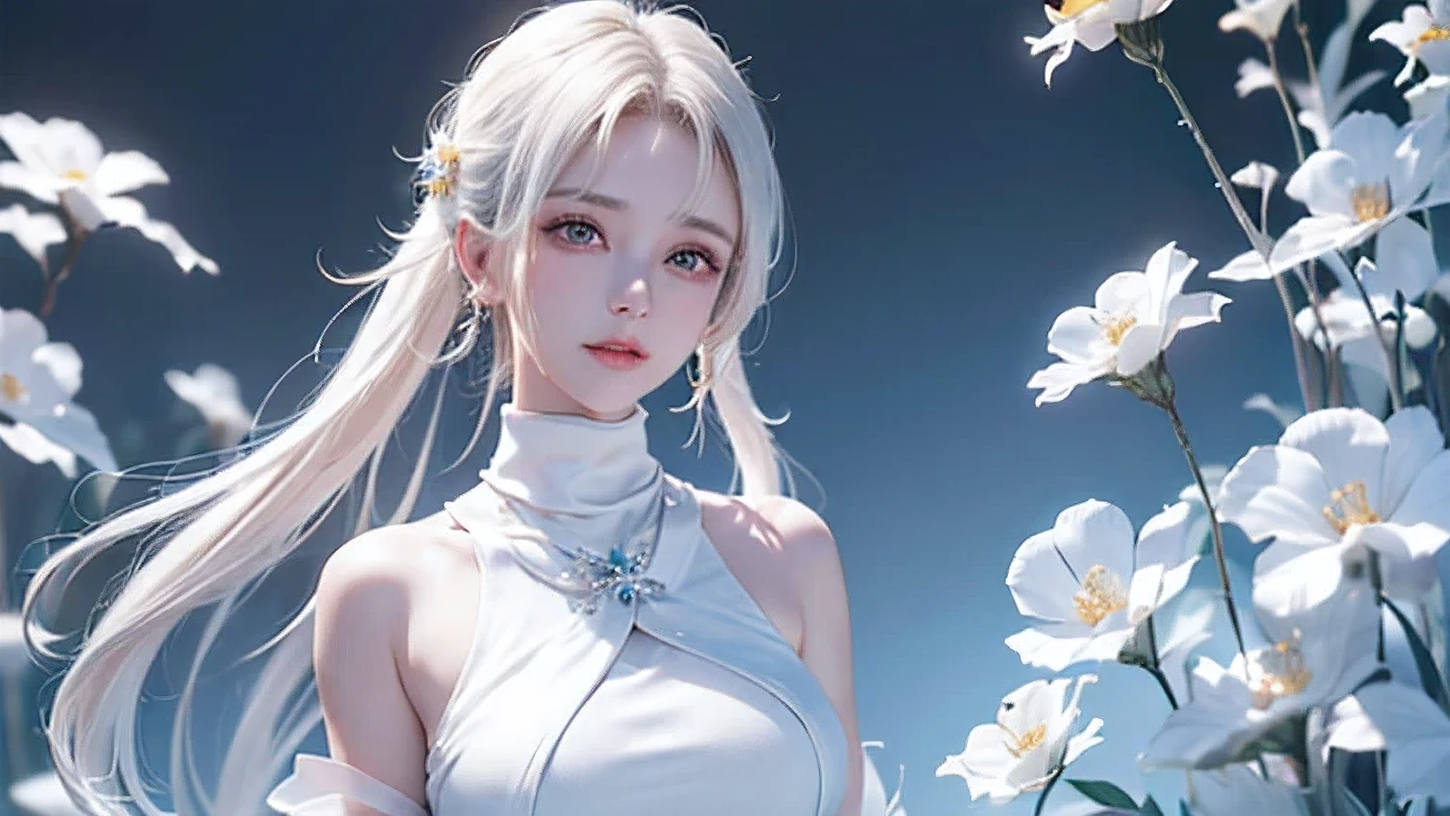 ((Upper body painting))((masterpiece:1.5、8k、Portraiture、Photorealistic and very detailed CG、Very detailed、Particle Effects、Dynamic Effects、Written boundary depth、Cinematic Light、Lens flare、Ray Tracing、Tabletop、Realistic:1.4、超A high resolution:1.2、Realistic、Realistic))((alone、,Woman in turtleneck dress:1.4、Model-like pose:、sideboob、Ample breasts、Detailed face、Bright expression、young, Brighter, Whiter skin、Best Looks、Ultimate beauty、White hair with shiny highlights:1.8、bright and shiny hair,、Super long, Silky straight hair、Hair swaying in the wind))(Fantastic transparent flower々Surrounded by、White Background、Great background、Thin petals fluttering down)
