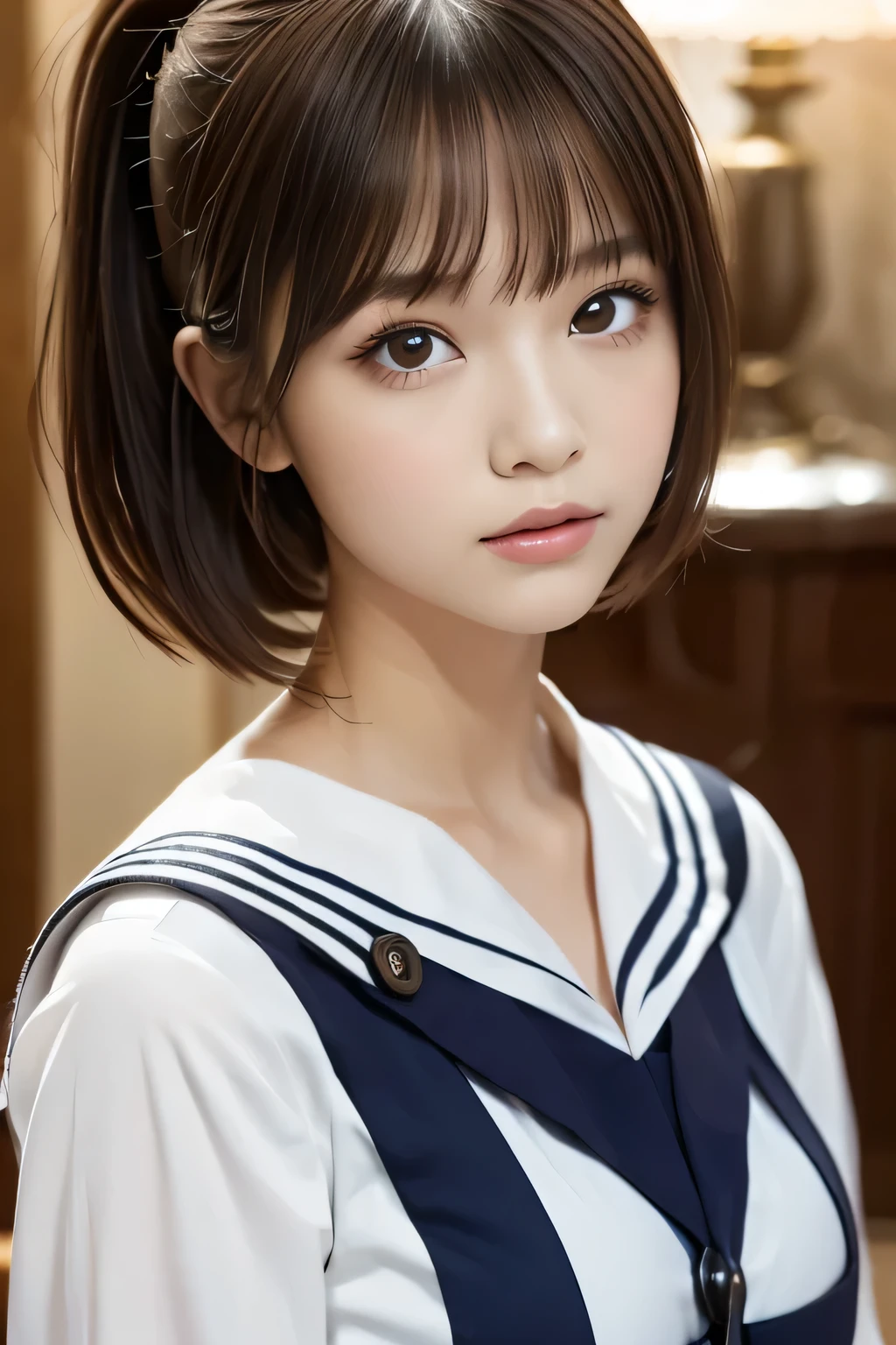 one girl, (A beauty girl, Delicate girl:1.3), (14 years old, Gal:1.3), break, (Sailor suit:1.3), break, (Open Button:1.3), break, Very fine grain definition, (Symmetrical eyes:1.3), break, (bedroom:1.2), break, Large Breasts, Brown eyes, Parted bangs, Brown Hair, ponytail, break, (Eyes and facial details:1.0), break, (masterpiece, highest quality, Super detailed, Detailed face, 8k)