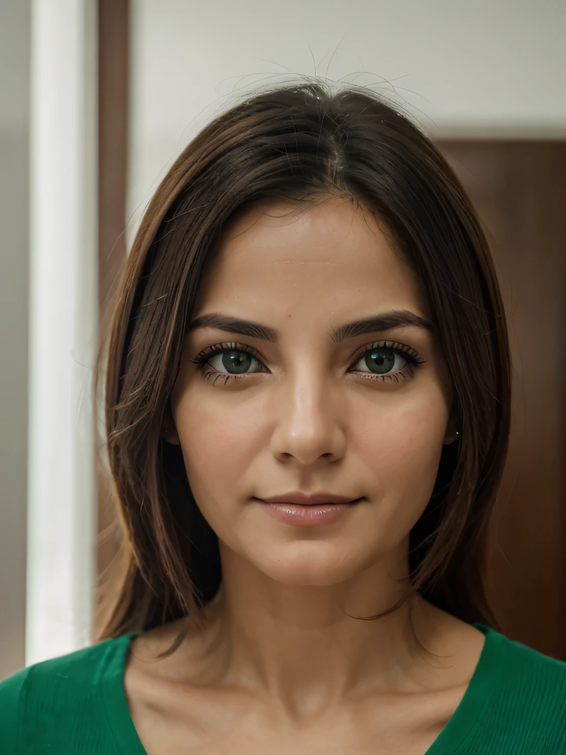fotografia de uma mulher de 28 anos, ultra realista), (front position), (olhos verdes claros), cabelos castanhos claros, sardas pelo corpo, camisa social preto, clinical psychologist