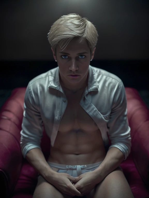 (1boy, (male focus), (young man), 18 years old, male, flat chest, (shirtless), (blonde hair, blue eyes, short hair, (white boxers with red hearts), (slender), (sitting in velvet armchair), bedroom background,(looking at the viewer), vibrant colors, depth of field, cinematic lighting, (flower petals), (dark red lighting), 1boy, award winning (portrait photo:1. 4), high quality, hyper realistic, 4k, realistic, backlighting, (shallow depth of field:1. 5), by lee jeffries nikon d850 film stock photograph 4 kodak portra 400 camera f1. 6 lens rich colors hyper realistic lifelike texture dramatic lighting unreal engine trending on artstation cinestill 800 (vignette:1. 3), filmgrain, artistic photography, perfect composition, beautiful detailed, cinematic perfect light, perfect eyes, bautiful eyes, blue eyes