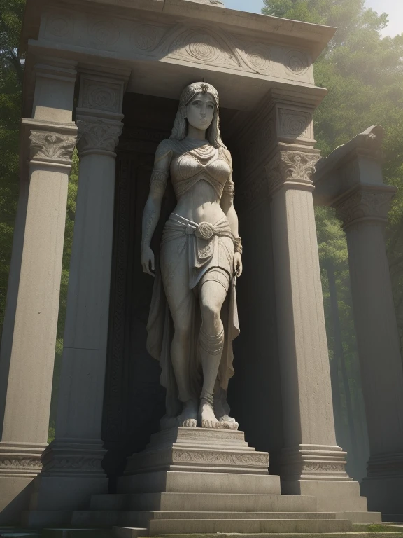 There is a stone statue in the middle of the forest, Stone Eyes, Oxagian 3D Epic, movie『tomb raider』Stills of, By Simon de Vlieger, Ancient sacred architecture, Monster Mask, Anamorphic Widescreen, Photorealistic - N 9, Neo-Andean architecture, PS2 Graphics, Today&#39;s Featured Photo 4k, Psyche Trance  