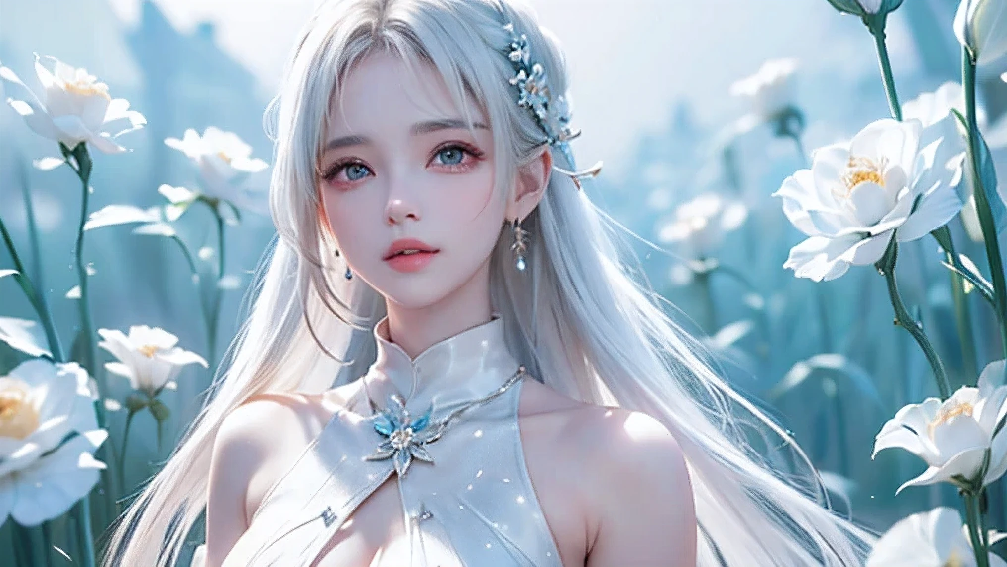 ((From the waist up))((masterpiece:1.5、8k、Portraiture、Photorealistic and very detailed CG、Very detailed、Particle Effects、Dynamic Effects、Written boundary depth、Cinematic Light、Lens flare、Ray Tracing、Tabletop、Realistic:1.4、超A high resolution:1.2、Realistic、Realistic))((alone、,Woman in turtleneck dress:1.4、Model-like pose:、sideboob、Ample breasts、Detailed face、Bright expression、young, Brighter, Whiter skin、Best Looks、Ultimate beauty、White hair with shiny highlights:1.8、bright and shiny hair,、Super long, Silky straight hair、Hair swaying in the wind))(Fantastic transparent flower々Surrounded by、White Background、Great background、Thin petals fluttering down)