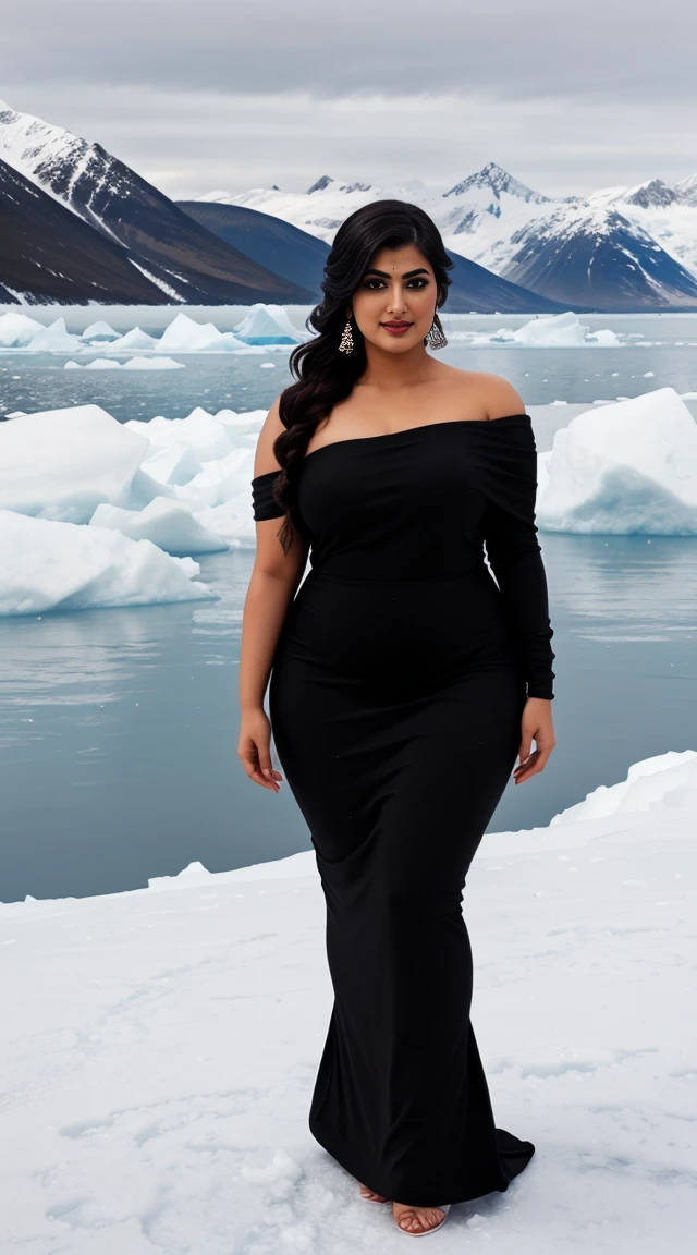srabanti chatterjee Indian beautiful actress curvy plus size hour glass bulky figure woman, closeup camera view, , wearing Black One Shoulder Sparkly Midi Party Dress For Dance Or Ceremony, different style hairstyle, bright eyes, thin eyebrows, fair skin, blushing cheeks, prefect head to toe view, full body view, Iceberg Coastline: A frozen coastline with icebergs, glaciers, and Arctic beauty. smile face, black hair, Indian face, perfect skin tone light, ultra realistic skin texture