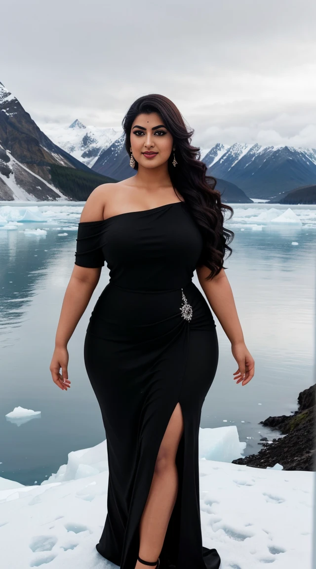 srabanti chatterjee Indian beautiful actress curvy plus size hour glass bulky figure woman, closeup camera view, , wearing Black One Shoulder Sparkly Midi Party Dress For Dance Or Ceremony, different style hairstyle, bright eyes, thin eyebrows, fair skin, blushing cheeks, prefect head to toe view, full body view, Iceberg Coastline: A frozen coastline with icebergs, glaciers, and Arctic beauty. smile face, black hair, Indian face, perfect skin tone light, ultra realistic skin texture