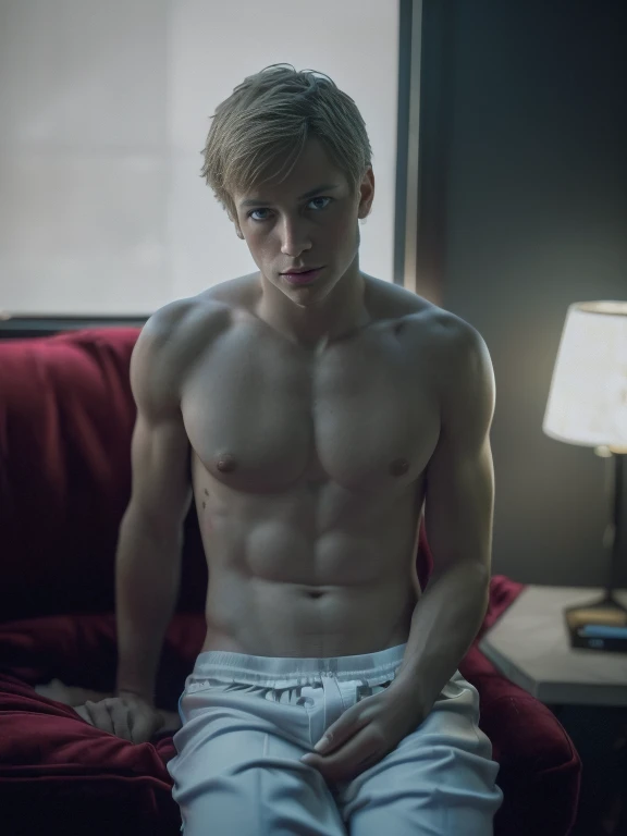 (1boy, (male focus), (young man), 18 years old, male, flat chest, (shirtless), (blonde hair, blue eyes, short hair, (white boxers with red hearts), (slender), (sitting in velvet armchair), bedroom background,(looking at the viewer), vibrant colors, depth of field, cinematic lighting, (flower petals), (dark red lighting), 1boy, award winning (portrait photo:1. 4), high quality, hyper realistic, 4k, realistic, backlighting, (shallow depth of field:1. 5), by lee jeffries nikon d850 film stock photograph 4 kodak portra 400 camera f1. 6 lens rich colors hyper realistic lifelike texture dramatic lighting unreal engine trending on artstation cinestill 800 (vignette:1. 3), filmgrain, artistic photography, perfect composition, beautiful detailed, cinematic perfect light, perfect eyes, bautiful eyes, blue eyes