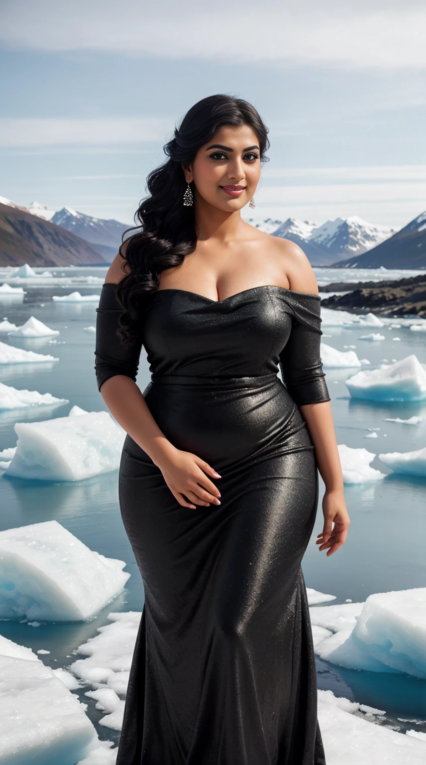 srabanti chatterjee Indian beautiful actress curvy plus size hour glass bulky figure woman, closeup camera view, , wearing Black One Shoulder Sparkly Midi Party Dress For Dance Or Ceremony, different style hairstyle, bright eyes, thin eyebrows, fair skin, blushing cheeks, prefect head to toe view, full body view, Iceberg Coastline: A frozen coastline with icebergs, glaciers, and Arctic beauty. smile face, black hair, Indian face, perfect skin tone light, ultra realistic skin texture