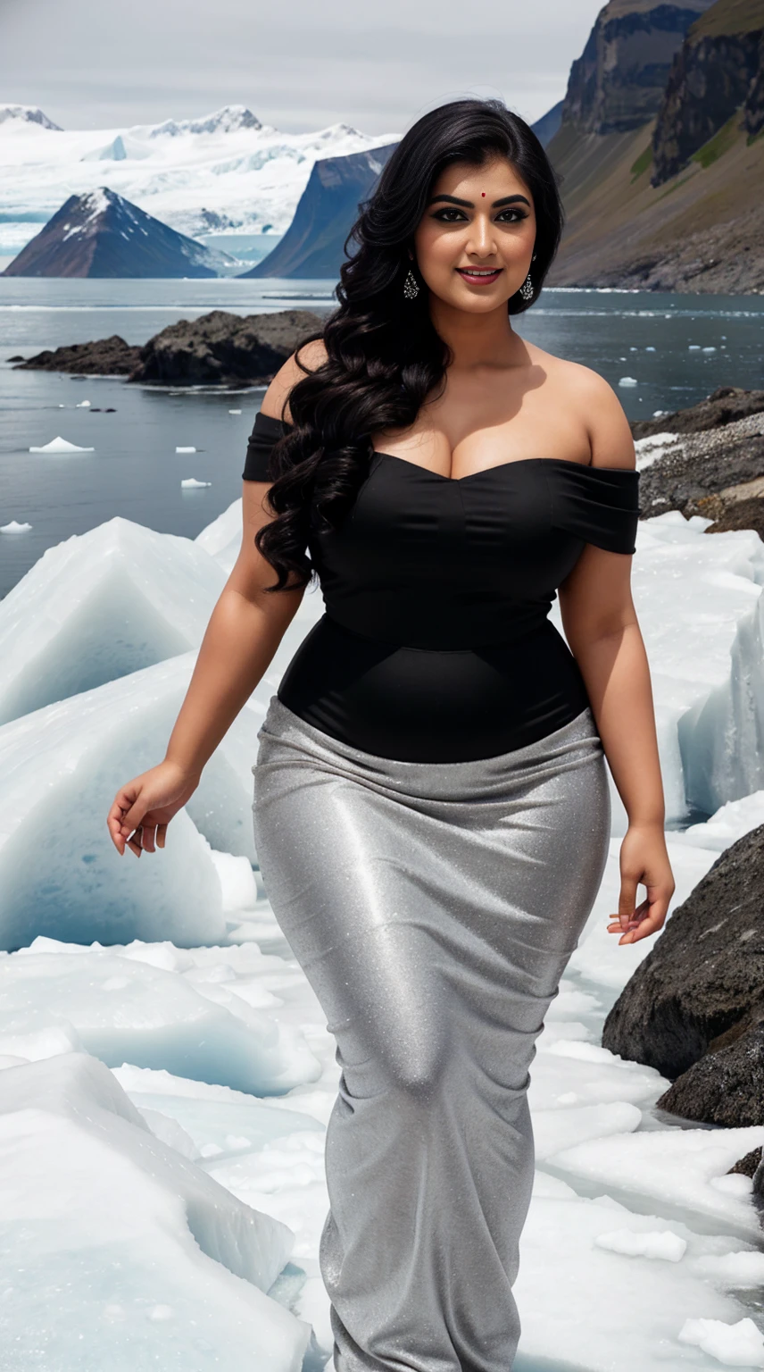 srabanti chatterjee Indian beautiful actress curvy plus size hour glass bulky figure woman, closeup camera view, , wearing Black One Shoulder Sparkly Midi Party Dress For Dance Or Ceremony, different style hairstyle, bright eyes, thin eyebrows, fair skin, blushing cheeks, prefect head to toe view, full body view, Iceberg Coastline: A frozen coastline with icebergs, glaciers, and Arctic beauty. smile face, black hair, Indian face, perfect skin tone light, ultra realistic skin texture