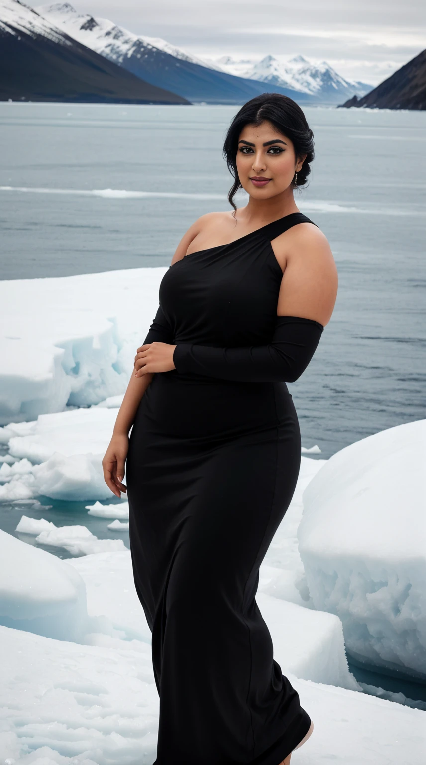 srabanti chatterjee Indian beautiful actress curvy plus size hour glass bulky figure woman, closeup camera view, , wearing Black One Shoulder Sparkly Midi Party Dress For Dance Or Ceremony, different style hairstyle, bright eyes, thin eyebrows, fair skin, blushing cheeks, prefect head to toe view, full body view, Iceberg Coastline: A frozen coastline with icebergs, glaciers, and Arctic beauty. smile face, black hair, Indian face, perfect skin tone light, ultra realistic skin texture
