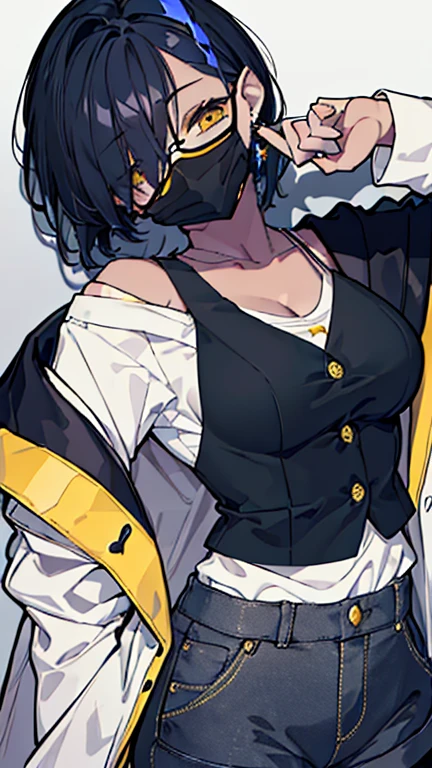 (highest quality、masterpiece:1.2) 1 Female, (adult), tall, (Dark skinned woman, hair over one eye), dark white hair, blue hair, mixed hair color, yellow Eyes, little glasses, ((black tailored jacket, white shirts, shorts pants)), smiling eye, collarbone, (cleavage), little earring, armpit, pointy ears, (off shoulder), leather gloves, (mouth mask),
