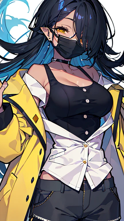 (highest quality、masterpiece:1.2) 1 Female, (adult), tall, (Dark skinned woman, hair over one eye), dark white hair, blue hair, mixed hair color, yellow Eyes, little glasses, ((black tailored jacket, white shirts, shorts pants)), smiling eye, collarbone, (cleavage), little earring, armpit, pointy ears, (off shoulder), leather gloves, (mouth mask),