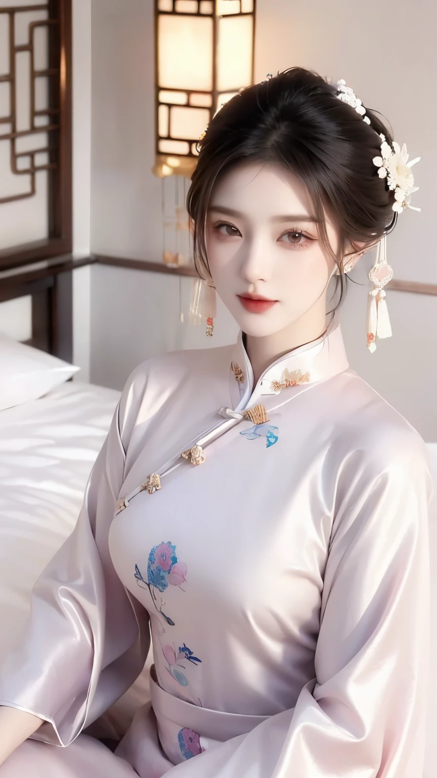  (masterpiece, top quality, best quality, official art, beautiful and aesthetic:1.2), (beautiful face), 
extremely detailed,colorful,highest detailed, (sitting on bed), bright eyes, (huge breast), (chinese dress:1.5), 