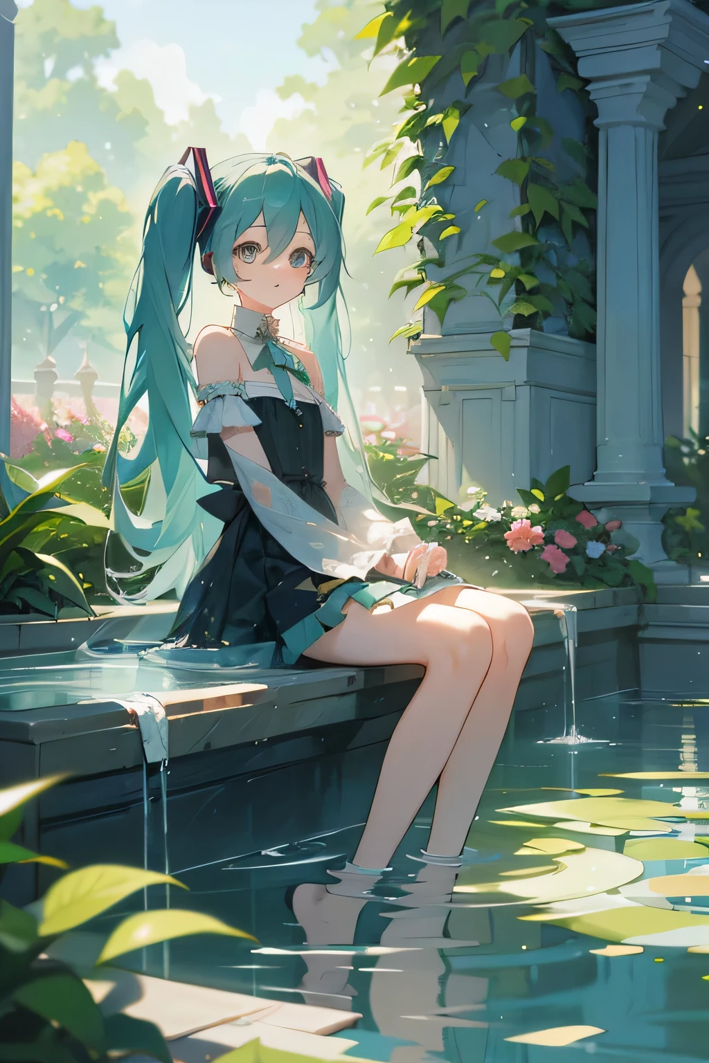 Hatsune miku sitting in a fountain (foreground!!) (background: a beautiful garden in !space!)