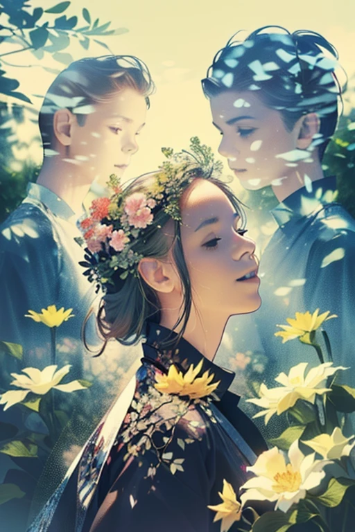 Photorealistic、((Super multiple exposure effect where the background can be seen through the clothes))、With a girl、Laughter、flowers in the background、wonderful、towards the night view,、create a line of light.