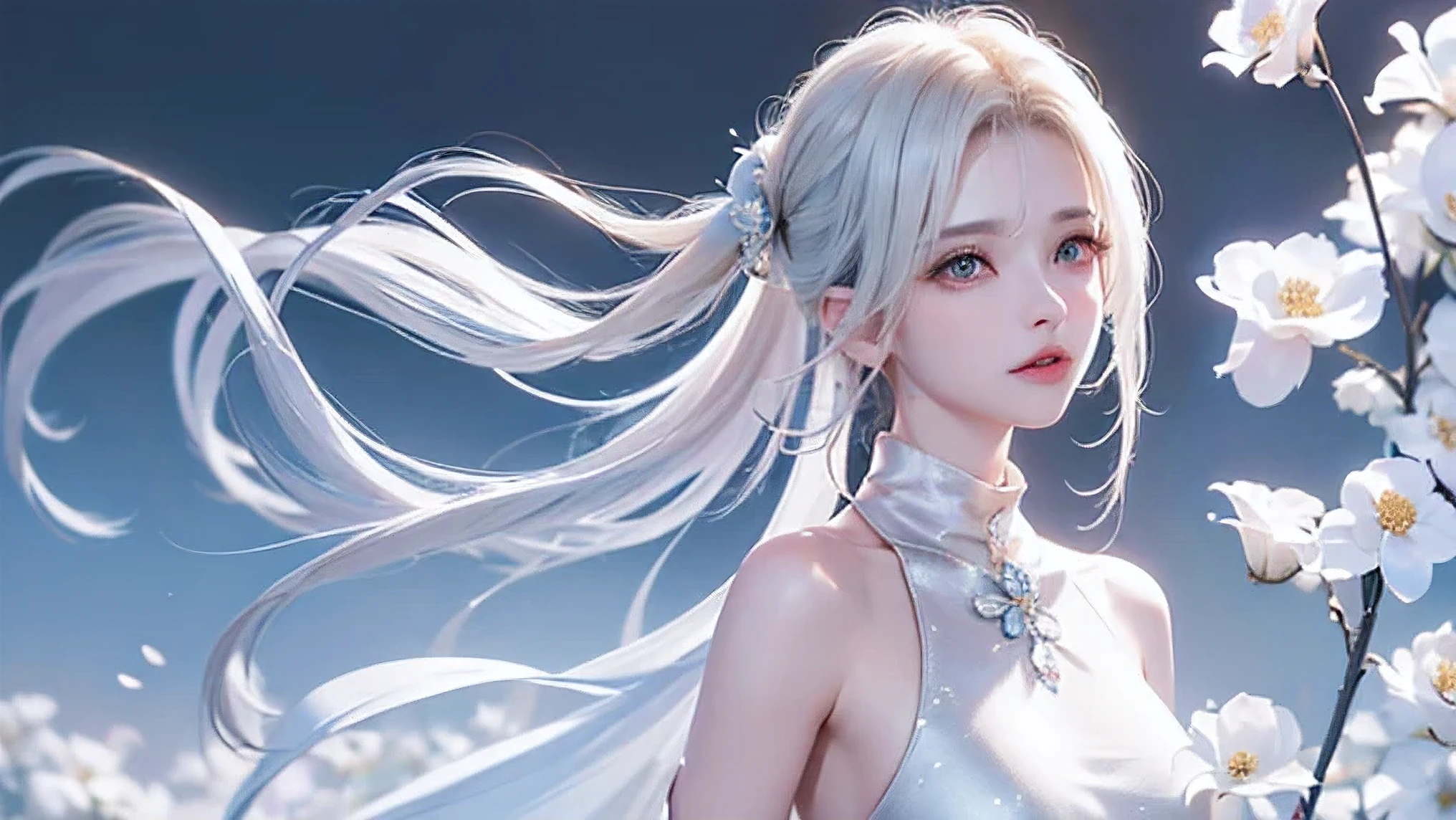 ((Full body images))((masterpiece:1.5、8k、Portraiture、Photorealistic and very detailed CG、Very detailed、Particle Effects、Dynamic Effects、Written boundary depth、Cinematic Light、Lens flare、Ray Tracing、Tabletop、Realistic:1.4、超A high resolution:1.2、Realistic、Realistic))((alone、,Woman in turtleneck dress:1.4、Model-like pose:、sideboob、Ample breasts、Detailed face、Bright expression、young, Brighter, Whiter skin、Best Looks、Ultimate beauty、White hair with shiny highlights:1.8、bright and shiny hair,、Super long, Silky straight hair、Hair swaying in the wind))(Fantastic transparent flower々Surrounded by、White Background、Great background、Thin petals fluttering down)