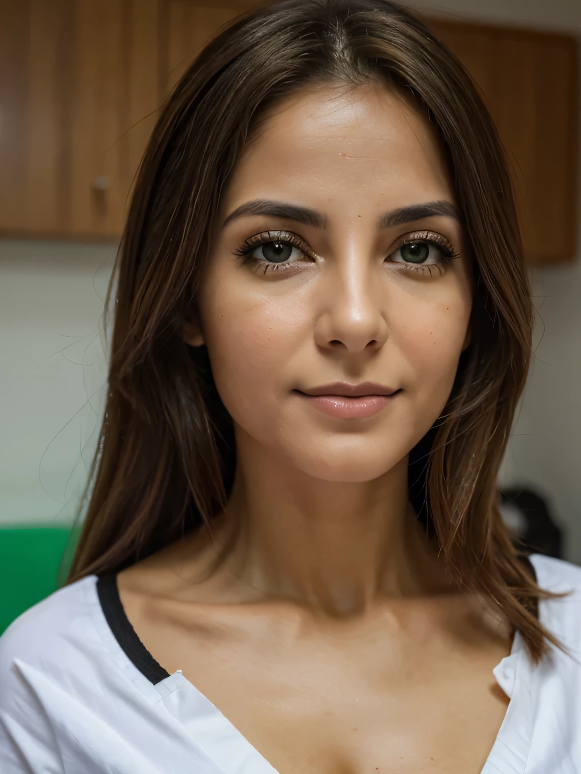 fotografia de uma mulher de 28 anos, ultra realista), (front position), (olhos verdes claros), cabelos castanhos claros, sardas pelo corpo, camisa social preto, clinical psychologist