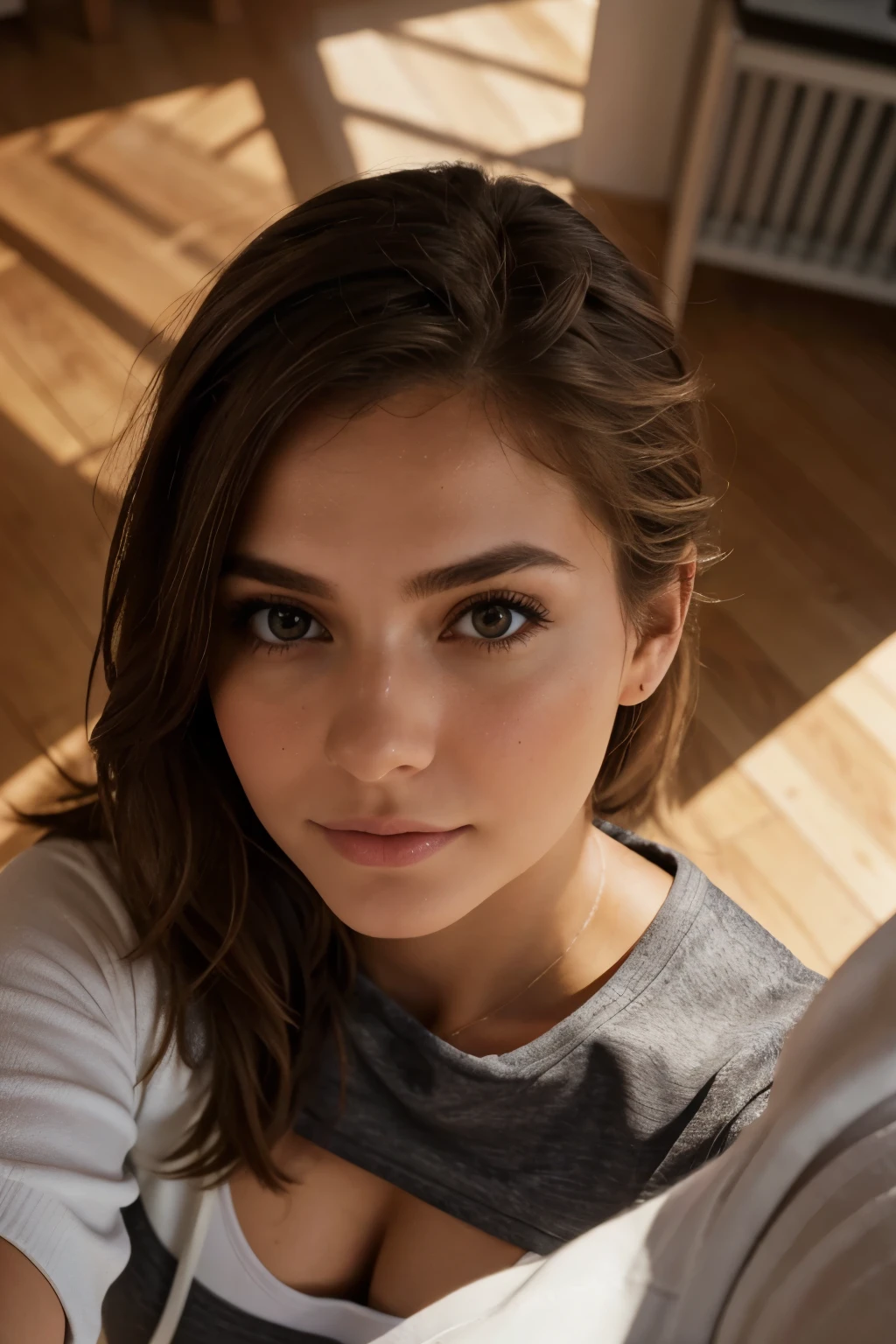 Selfie seen from above a gorgeous girl, at the gym, in sportswear, fille, automne, Fille chaude, (((buste lourd))), cheveux bruns, long_cheveux, symmetrical face, photoreallistic, photographie, Phone camera, natural lighting, magnifique, clivage, occidental, Lo-fi, High resolution, Extremely detailed, peau avec pores, realistic lighting, natural light, selfie, visage naturel, Moles, instagram pose, influencer, Low Fidelity, brown hair, full body, colossal titts
