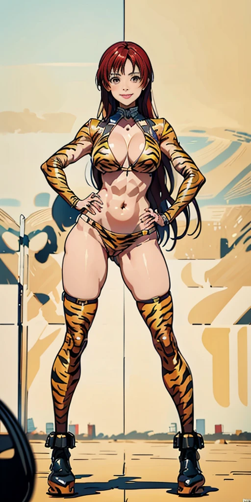 Full body Rei Kishimoto from "Gantz" (((Plain background 1:2))) (masterpiece, high quality: 1.1) 1girl solo full body height standing straight symmetrical looking to the viewer, view from below, far shot, cow boy shot, perfect lighting, muscular, thighs, mature woman, mummy, bellybutton, abs, looks at the viewer smile RED CHEEKS, extremely huge breasts, maternal, porcelain skin, extra very long hair, sparkly skin, good face, chest cover, HANDS ON HIPS (yellow tiger bikini print long sleeves and long stockings)