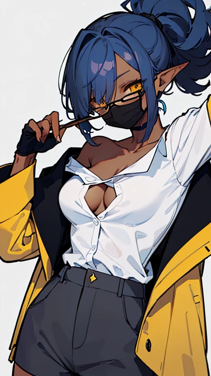 (highest quality、masterpiece:1.2) 1 Female, (adult), tall, (Dark skinned woman, hair over one eye), dark white hair, blue hair, mixed hair color, yellow Eyes, little glasses, ((black tailored jacket, white shirts, shorts pants)), smiling eye, collarbone, (cleavage), little earring, armpit, pointy ears, (off shoulder), leather gloves, (mouth mask),