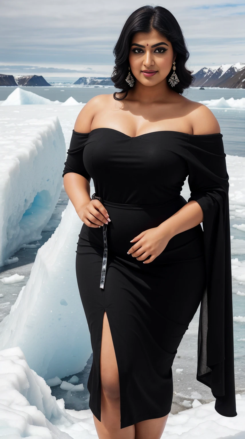 srabanti chatterjee Indian beautiful actress curvy plus size hour glass bulky figure woman, closeup camera view, , wearing Black One Shoulder Sparkly Midi Party Dress For Dance Or Ceremony, different style hairstyle, bright eyes, thin eyebrows, fair skin, blushing cheeks, prefect head to toe view, full body view, Iceberg Coastline: A frozen coastline with icebergs, glaciers, and Arctic beauty. smile face, black hair, Indian face, perfect skin tone light, ultra realistic skin texture