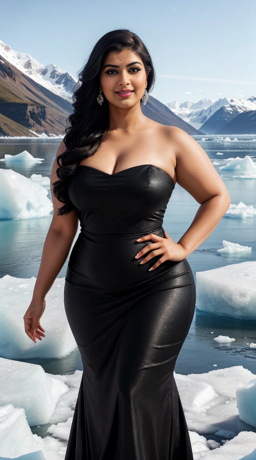 srabanti chatterjee Indian beautiful actress curvy plus size hour glass bulky figure woman, closeup camera view, , wearing Black One Shoulder Sparkly Midi Party Dress For Dance Or Ceremony, different style hairstyle, bright eyes, thin eyebrows, fair skin, blushing cheeks, prefect head to toe view, full body view, Iceberg Coastline: A frozen coastline with icebergs, glaciers, and Arctic beauty. smile face, black hair, Indian face, perfect skin tone light, ultra realistic skin texture