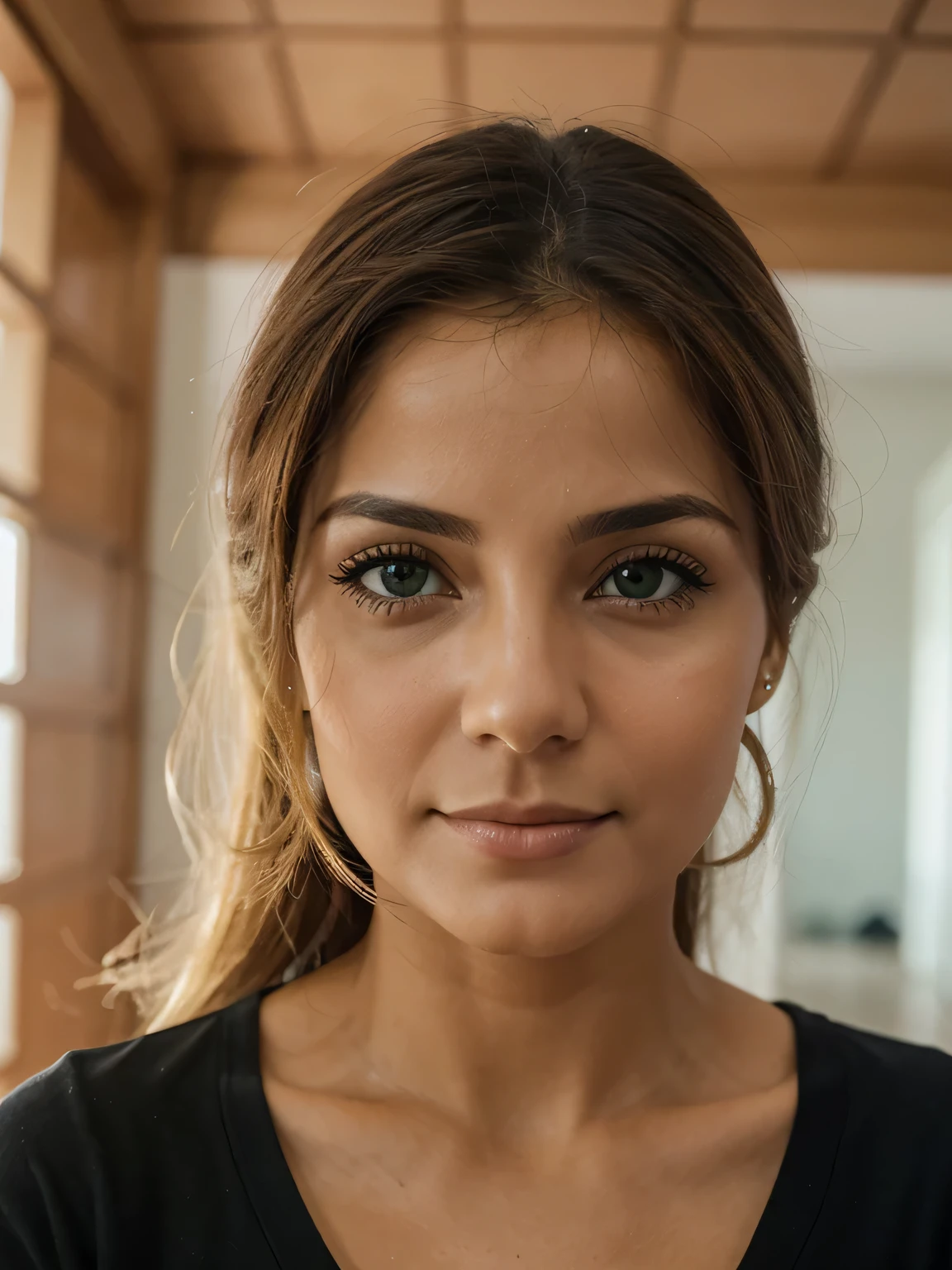 fotografia de uma mulher de 28 anos, ultra realista), (front position), (olhos verdes claros), cabelos castanhos claros, sardas pelo corpo, camisa social preto, clinical psychologist