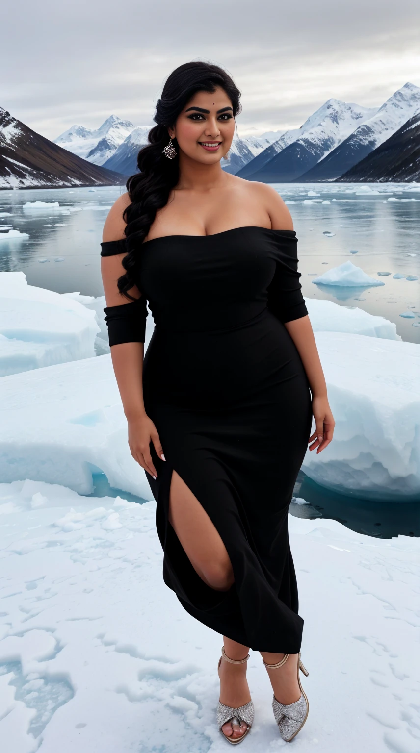 srabanti chatterjee Indian beautiful actress curvy plus size hour glass bulky figure woman, closeup camera view, , wearing Black One Shoulder Sparkly Midi Party Dress For Dance Or Ceremony, different style hairstyle, bright eyes, thin eyebrows, fair skin, blushing cheeks, prefect head to toe view, full body view, Iceberg Coastline: A frozen coastline with icebergs, glaciers, and Arctic beauty. smile face, black hair, Indian face, perfect skin tone light, ultra realistic skin texture