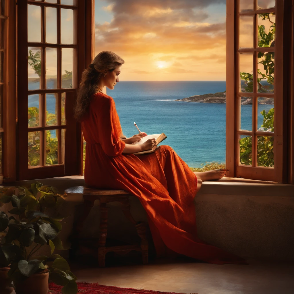 woman, who sits writing a book next to the window. View from the window to the sea