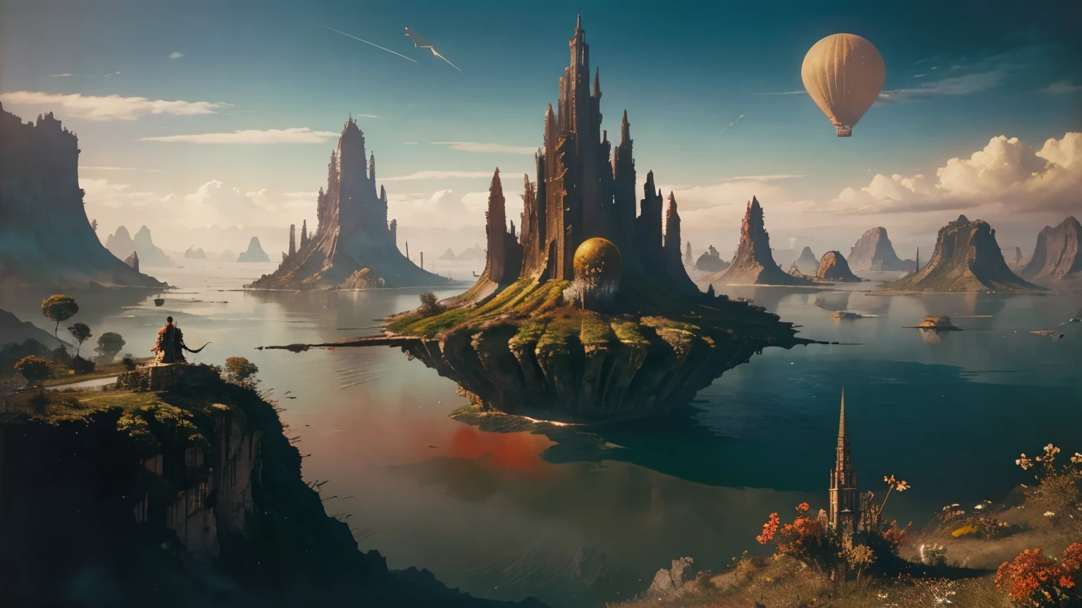 bruce pennington In a dreamlike landscape of floating islands, surreal world filled with vibrant red flora, their presence a stark contrast to the fantastical surroundings.