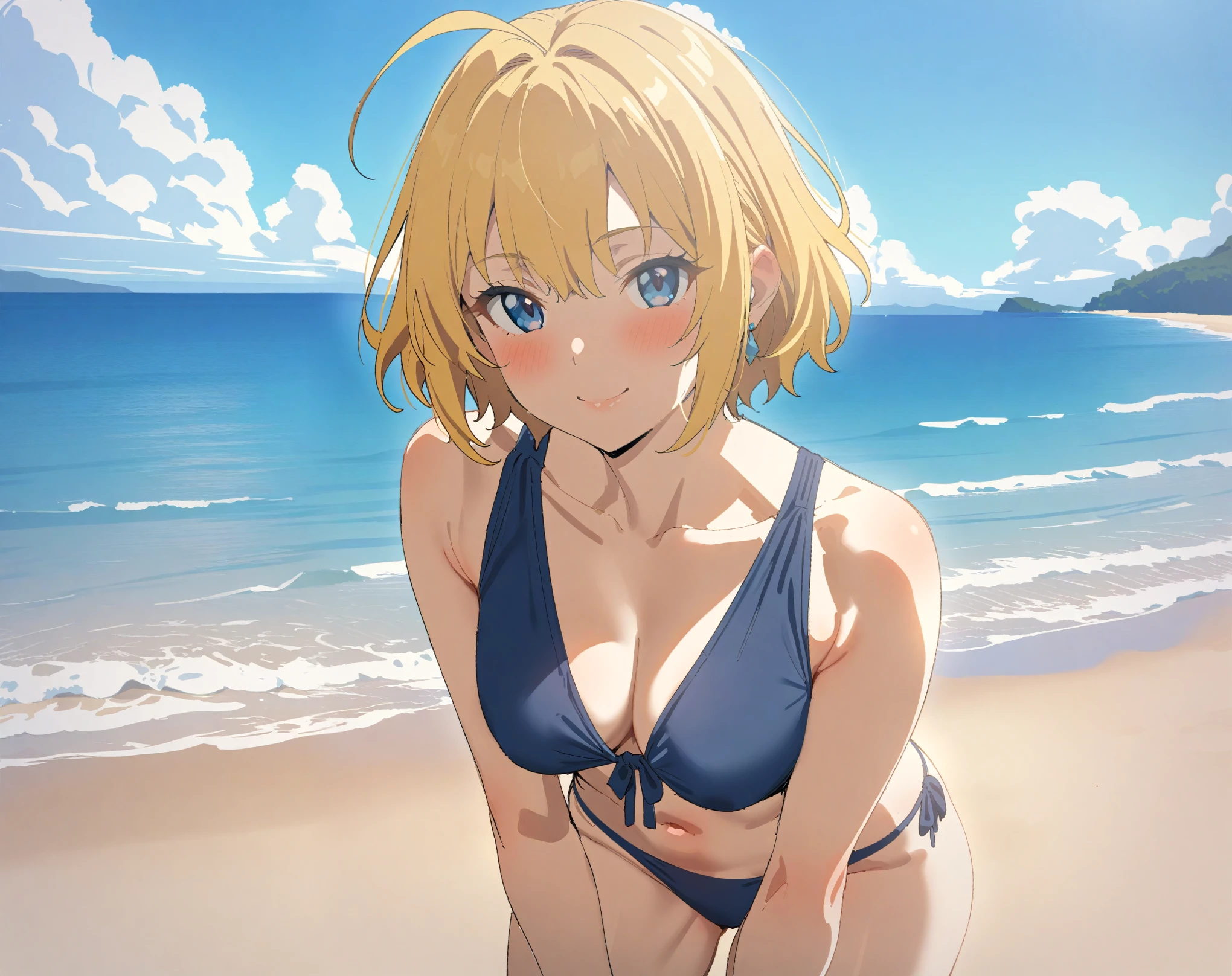 (Masterpiece, best quality, highres) {{Artist: Sincos}} 1 woman, solo, mature, 20 years old, cute, elegant, fair skin, blue eyes, blonde hair, ahoge, short hair, fantasy, blue bikini, smiling, standing straight, looking at camera, at beach, sea in background, daytime.