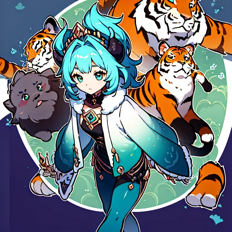 (Masterpiece: 1.5, best quality, high resolution: 1.3, super resolution, super detailed, ultra detailed: 1.3, rich background: 1.2, 1 woman)) lilac eyes + turquoise hair + very short hair + female body + medium chest + medium hips + thick thighs + Oni horns + quotes + curvy body (intricate sleeveless bodysuit, large fluffy fur coat, harness pants, minimal jewelry, tiger skin) (happy, elevated expression, illuminated background , turquoise rays, close view) (colors for clothing and accessories: white, black, turquoise, brown, orange)