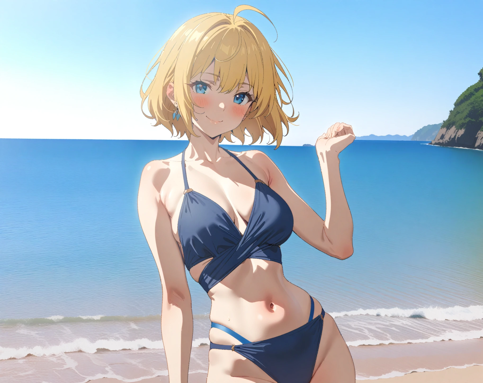 cartoon girl in a bikini standing on the beach with her hands on her hips, realistic bikini, clothing: bikini, Smooth anime CG art, is wearing a Swimwear, Beautiful and attractive anime woman, Girl on the beach, Swimwear, Beautiful and attractive anime teen, Created by Anime Painter Studio, Cute 3D anime girl render, in retro Swimwear, Swimwear