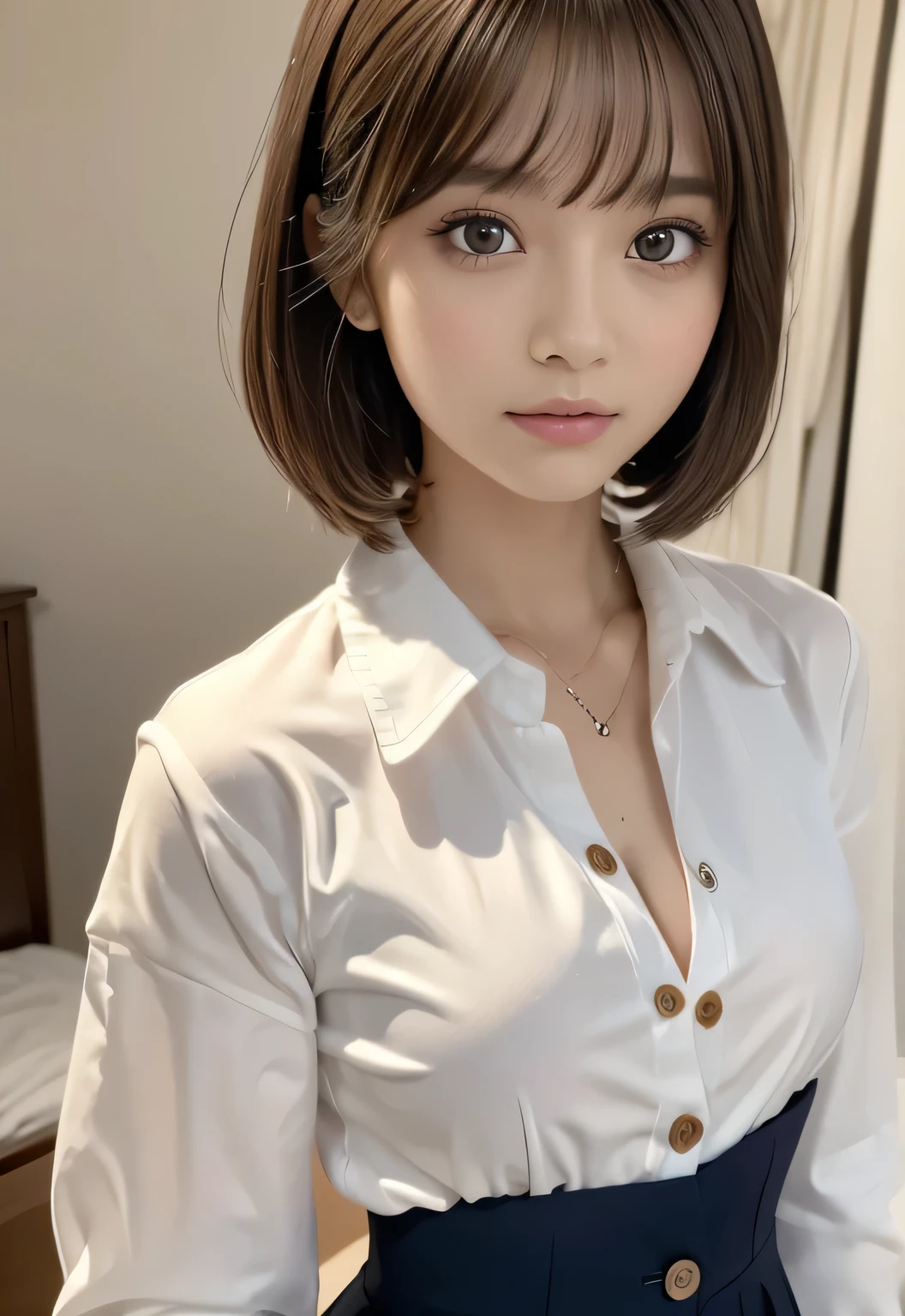 one girl, (A beauty girl, Delicate girl:1.3), (, cute:1.3), break, (School uniform:1.3), break, (Open the buttons on your shirt:1.3), break, Cleavage, break, Very fine grain definition, (Symmetrical eyes:1.3), break, (bedroom:1.2), break, Large Breasts, Brown eyes, Parted bangs, Brown Hair, ponytail, break, (Eyes and facial details:1.0), break, (masterpiece, highest quality, Super detailed, Detailed face, 8k)