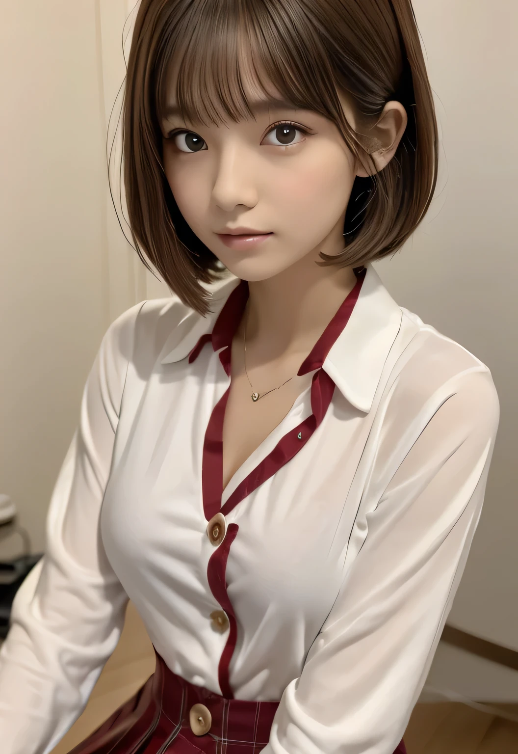 one girl, (A beauty girl, Delicate girl:1.3), (14 years old, cute:1.3), break, (School uniform:1.3), break, (Open the buttons on your shirt:1.3), break, Cleavage, break, Very fine grain definition, (Symmetrical eyes:1.3), break, (bedroom:1.2), break, Large Breasts, Brown eyes, Parted bangs, Brown Hair, ponytail, break, (Eyes and facial details:1.0), break, (masterpiece, highest quality, Super detailed, Detailed face, 8k)